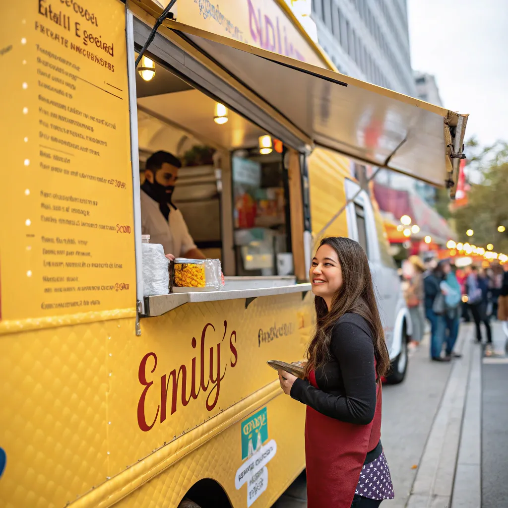 Emily's food truck serving customers with a smile