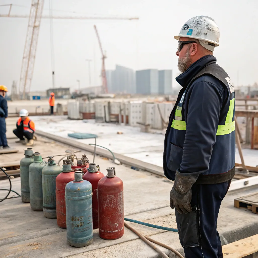 Michael supervising a construction site using gas cylinders